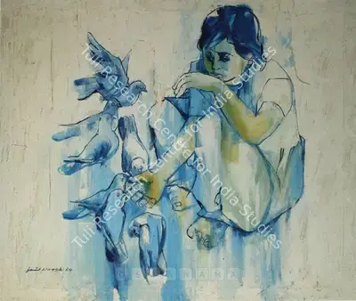 Jamil Naqsh (Artist), Child Playing With Doves, 1969, Painting