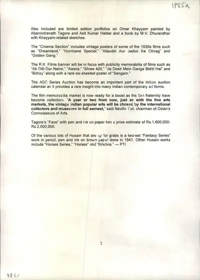 Tagore, Hussain works up for sale, 2008, Newspaper Clipping