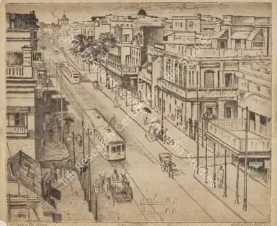 Ramendranath Chakravorty (Artist), A Calcutta Street, 1943, Print
