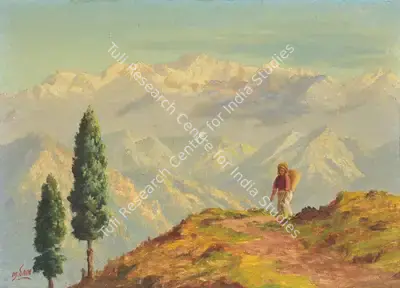 M.&nbsp;Sain (Artist), Untitled (Women Traversing mountain path with Kanchenjunga in the background), Painting