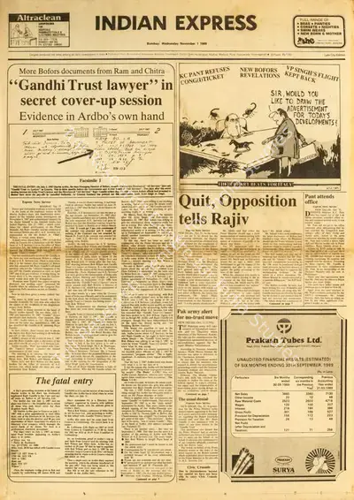 Unknown (Writer). Quit, Opposition Tells Rajiv. Indian Express, 1 November 1989 | Newspaper Clipping | CinemaEducation | 00149371