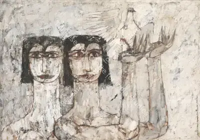 Jamil Naqsh (Artist), Untitled (Two Women With Dove), 1970, Painting