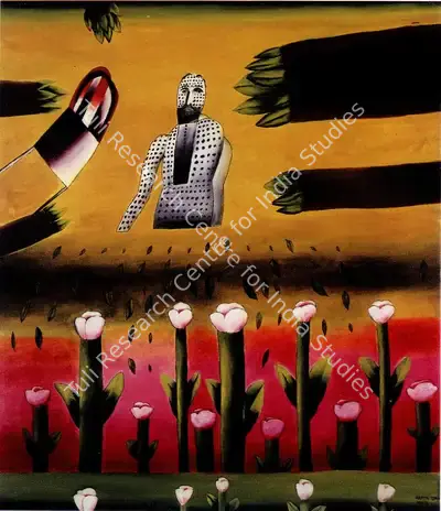 Arpita Singh (Artist), Man And Flowers, 1972, Painting
