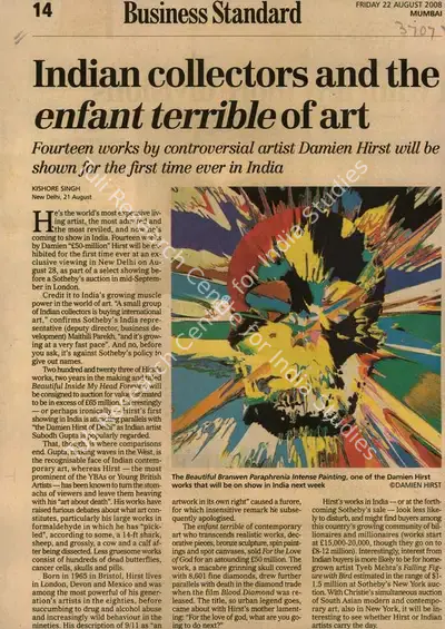 Kishore Singh (Reporter), Indian Collectors and The Enfant Terrible of Art, 2008, Newspaper Clipping