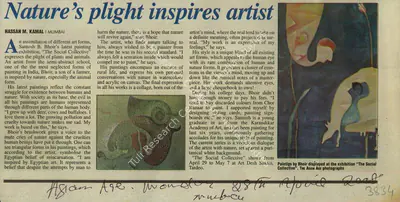 Hassan M. Kamal (Reporter), Nature's Plight Inspires Artist, 2008, Newspaper Clipping