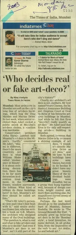 Nina Martyris (Reporter), Who decides real or fake art-deco?', 2003, Newspaper Clipping