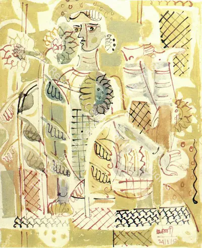 Subramanyan, K.G. (Artist). Girl With Suflower. Watercolour on paper, 1952 | K.G. Subramanyan, 2003 | Painting | FineArts | 00566133