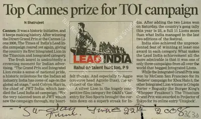 N. Shatrujeet (Reporter), Top Cannes Prize For TOI Campaign, 2008, Newspaper Clipping