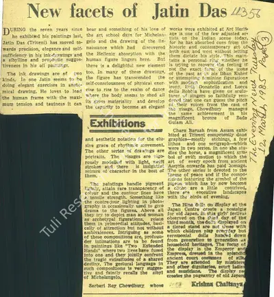 Krishna Chaitanya (Writer), New Facets of Jatin Das, 1985, Newspaper clipping