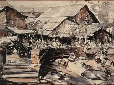 Adinath Mukherjee (Artist), Calcutta Roadside Scene, 1941, Painting