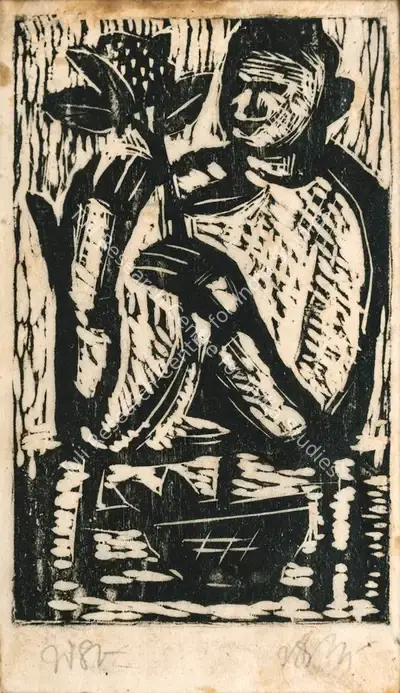 B.B. Mukherjee (Artist), Man with flower, 1948, Graphic Art