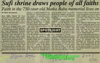 Deepa Kozhisseri (Reporter), Sufi Shrine Draws People of All Faiths, 2001, Newspaper Clipping