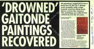 Vishwas Kulkarni (Writer), Drowned' Gaitonde Paintings Recovered, 2008, Newspaper clipping