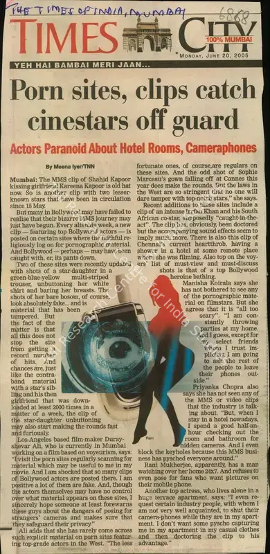 Meena Lyer (Reporter), Porn sites, clips catch Cinestars off Guard, 2005, Newspaper Clipping