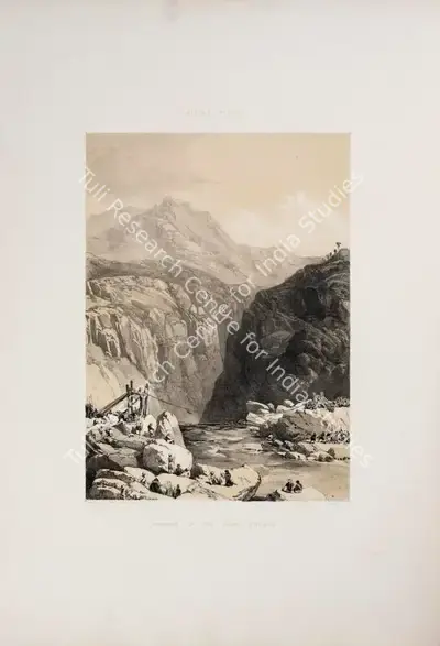 J.D. Hardinge (Lithographer), Rope Bridge or Jhula across the Chunab River, 1847, Lithograph