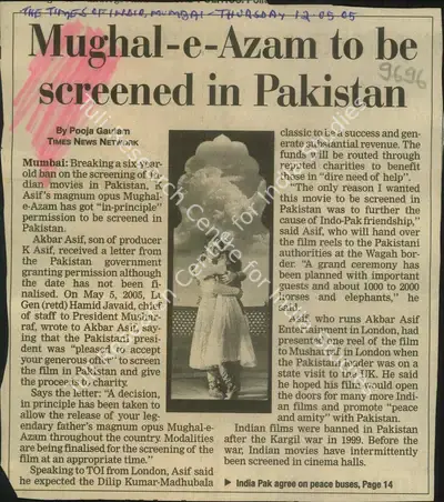 Pooja Gautam (Writer), Mughal-e-Azam to Be Screened in Pakistan, 2005, Newspaper Clipping