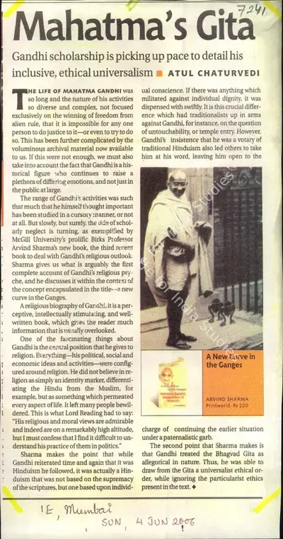 Atul Chaturvedi (Reporter), Mahatma's Gita, 2006, Newspaper Clipping