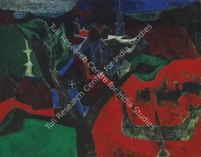 S.H. Raza (Artist), Untitled (Village dans un Paysage), 1955, Painting