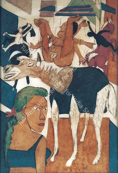 Subramanyan, K.G. (Artist). Training For Circus. Reverse painting in gouache and oil on acrylic sheet, 1989 | Painting  | 00879886