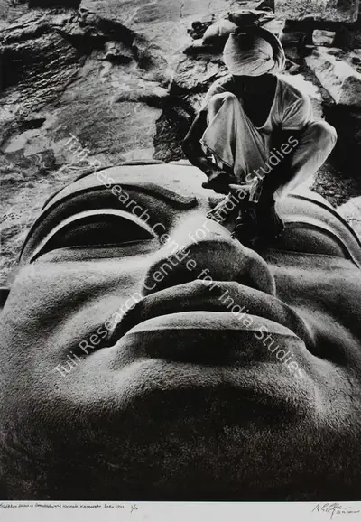 T.S. Satyan (Artist), Sculpting statue of Gomateshwara, Karkala, Karnataka, India, 1972, Print