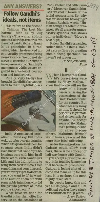 Arun Vaidya (Reporter), Follow Gandhi's Indeals, Not Items, 2009, Newspaper Clipping
