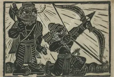 Chittaprosad (Artist), Rama snaps Parashurama's bow and his pride, 1975, Graphic Art