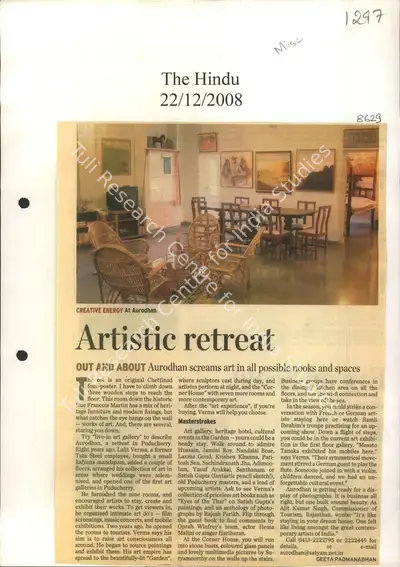Geeta Padmanabhan (Reporter), Artistic Retreat, 2008, Newspaper Clipping