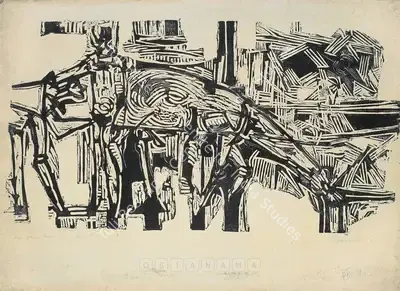 G.M. Sheikh (Artist), Man, Woman And Horse, 1963, Print