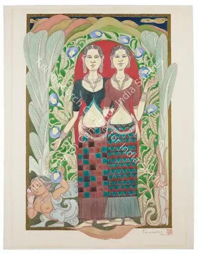 A. Ramachandran (Artist), Girls with Aparajita Flowers, 1996, Painting