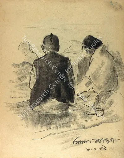 Chowdhury, Jogen (Artist). Travellers At Sealdah Station. Pastels on paper, 1959 | Drawing | FineArts | 00373466