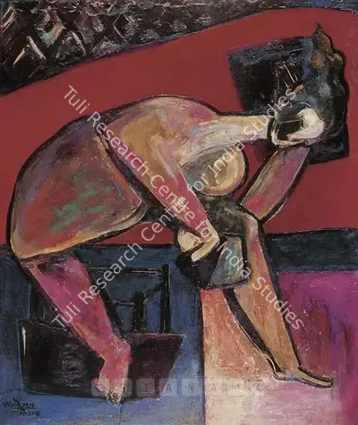 Bakre, S.K. (Artist). Lady Reading A Book. Oil on canvas, 1962 | Painting | FineArts | 00599876