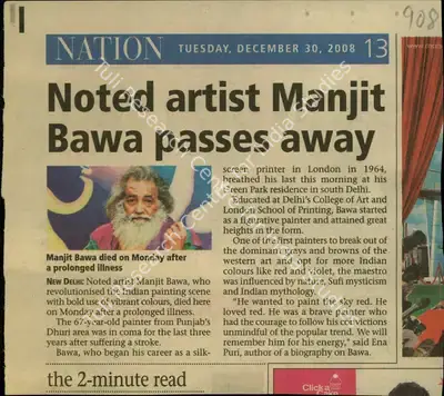 Noted Artist Manjit Bawa Passes Away, 2008, Newspaper Clipping