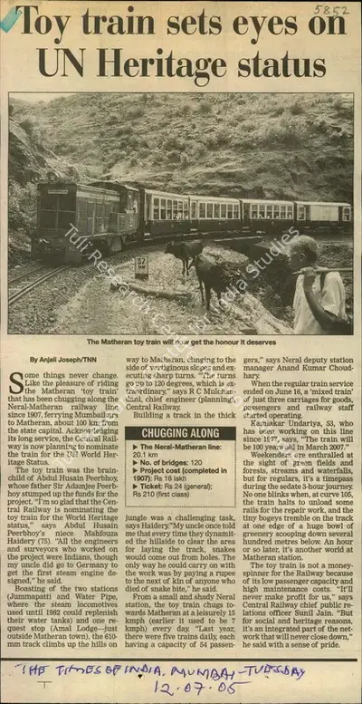 Anjali Joseph (Reporter), Toy Train Sets Eyes On UN Heritage Status, 2005, Newspaper Clipping