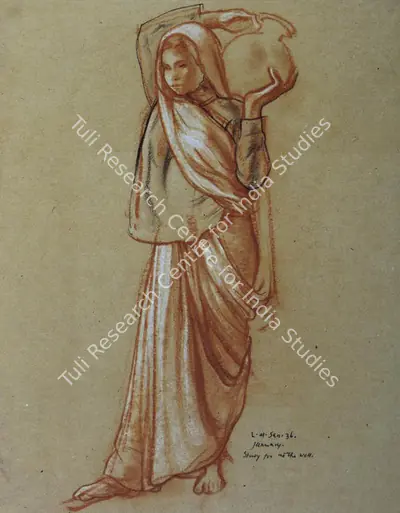Lalit Mohan Sen (Artist), Woman with Pitcher, 1936, Drawing