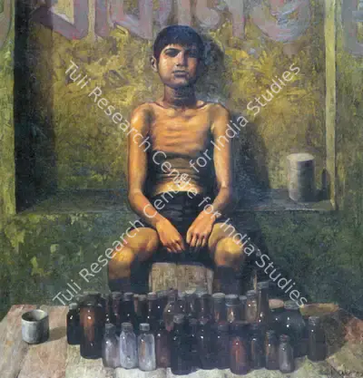 Bhattacharjee, Bikash (Artist). Monto The Bottle Seller. Oil on canvas, 1982 | Painting  | 00876746
