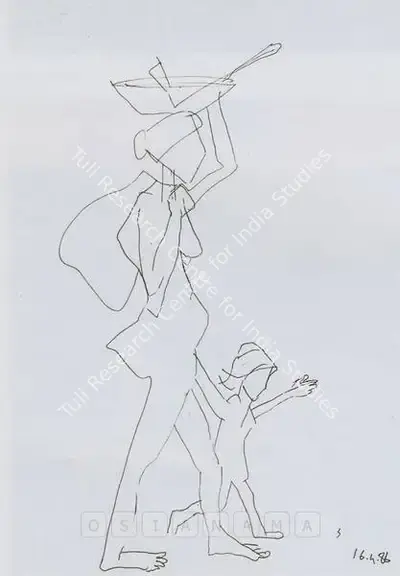 Somnath Hore (Artist), Woman And Child, 1986, Drawing