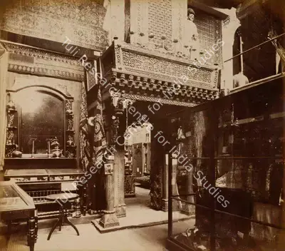 Shew Shankar Narayan (Photographer), The Baroda Wooden Gateway and Figures and the Nasic Window and Brass Work - Bombay Court, 1883, Antiquarian Photograph