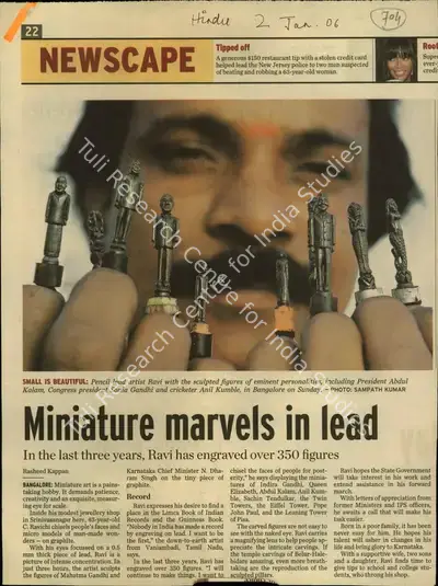Rasheed Kappan (Reporter), Miniature Marvels in Lead, 2006, Newspaper Clipping