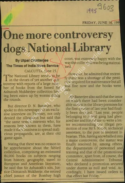 Utpal Chatterjee (Writer), One More Controversy Dogs Bational Library, 1995, Newspaper Clipping