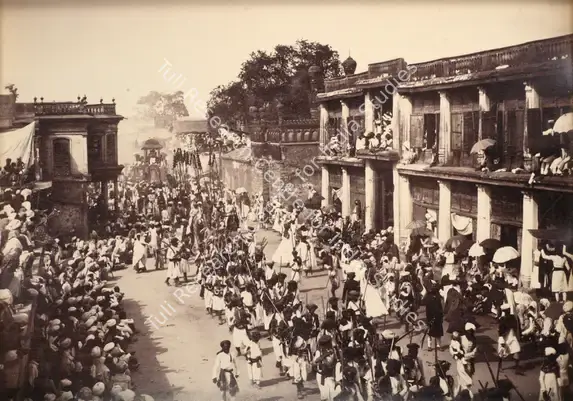 Dayal, Lala Deen (Photographer). A Moharram procession in a street of Hyderabad, Andhra Pradesh. Albumen print pasted on mount, n.d. | Antiquarian Photograph | Photography | 00115610