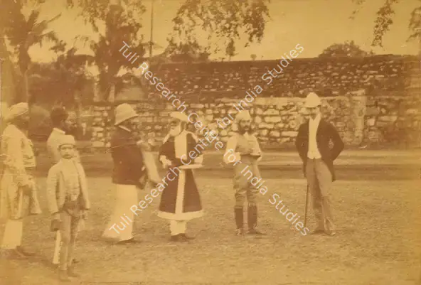 Dayal, Lala Deen (Photographer). A Cup of Tea after Tent Pegging - From the album 'H.R.H. Prince Albert Victor's Visit Hyderabad (Deccan) November 1889. Lala Deen Dayal State Photographer, Secunderabad and Indore O.I.'. Albumen print pasted on mount, November 1889 | Antiquarian Photograph | Photography | 00115323