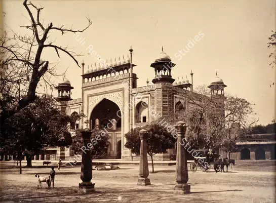 Dayal, Lala Deen (Photographer). Three old lantern posts (without the lanterns on top) in the north-eastern quadrangle to the south of the main gate to the Taj Mahal, Agra. Albumen print, c.1880 | Antiquarian Photograph | Photography | 00115954