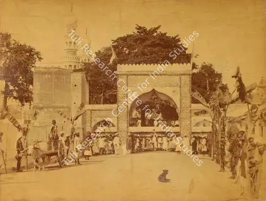 Dayal, Lala Deen (Photographer). Khanabagh Arch - From the album 'H.R.H. Prince Albert Victor's Visit Hyderabad (Deccan) November 1889. Lala Deen Dayal State Photographer, Secunderabad and Indore O.I.'. Albumen print pasted on mount, November 1889 | Antiquarian Photograph | Photography | 00115325