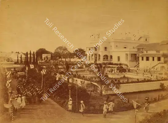 Dayal, Lala Deen (Photographer). Bashir-bagh Palace - From the album 'H.R.H. Prince Albert Victor's Visit Hyderabad (Deccan) November 1889. Lala Deen Dayal State Photographer, Secunderabad and Indore O.I.'. Albumen print pasted on mount, November 1889 | Antiquarian Photograph | Photography | 00115326