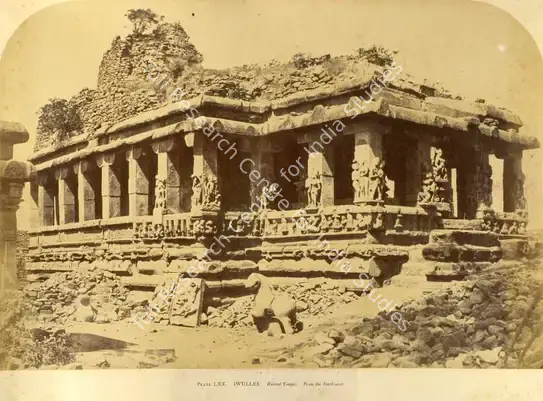 Biggs, Colonel Thomas (Photographer). Iwullee. Ruined Temple. From the South-east - Architecture in Dharwar and Mysore Published by John Murray. London 1866. Photographs by Dr. William Henry Pigou, Dr. Andrew C. Neill and Col. Thomas Biggs with an historical and descriptive memoir by Colonel Meadows Taylor and architectural notes by James Fergusson. Albumen print pasted on mount, c.1855 | Antiquarian Photograph | Photography | 00115968