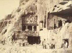 Dayal, Lala Deen (Photographer). Caves 9 -7 (from left), Buddhist caves, Ellora. Albumen print pasted on mount, c.1880 | Antiquarian Photograph | Photography | 00114944