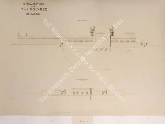 Unknown (Photographer). Plans and Sections of the Taj Bowree at Beejapoor - From the album "Architecture at Beejapoore. An Ancient Mohammedan Capital in the Bombay Presidency Published by John Murray. London 1866. Photographs by Dr. William Henry Pigou, Dr. Andrew c.Neill and Col. Thomas Biggs with an historical and descriptive memoir by Colonel Meadows Taylor and  architectural notes by James Fergusson". Albumen print pasted on mount, c.1850 | Antiquarian Photograph | Photography | 00115026