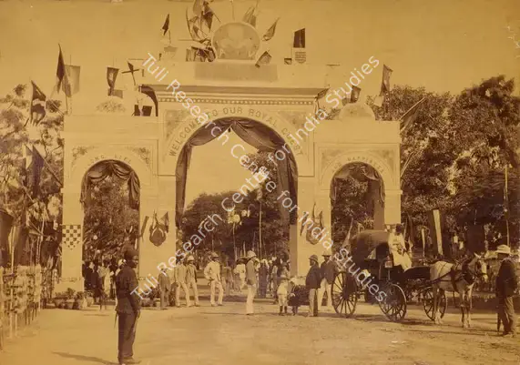 Dayal, Lala Deen (Photographer). Arch near Bashir-Bagh - From the album 'H.R.H. Prince Albert Victor's Visit Hyderabad (Deccan) November 1889. Lala Deen Dayal State Photographer, Secunderabad and Indore O.I.'. Albumen print pasted on mount, November 1889 | Antiquarian Photograph | Photography | 00115324