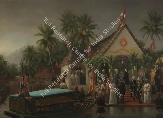 Varma, Raja Ravi (Artist). The Maharaja of Travancore and his younger brother welcoming Richard Temple-Grenville, 3rd Duke of Buckingham and Chandos, Governor-General of Madras (1875-80), on his official visit to Trivandrum in 1880. Oil on canvas, 1881 | Painting | FineArts | 00338071