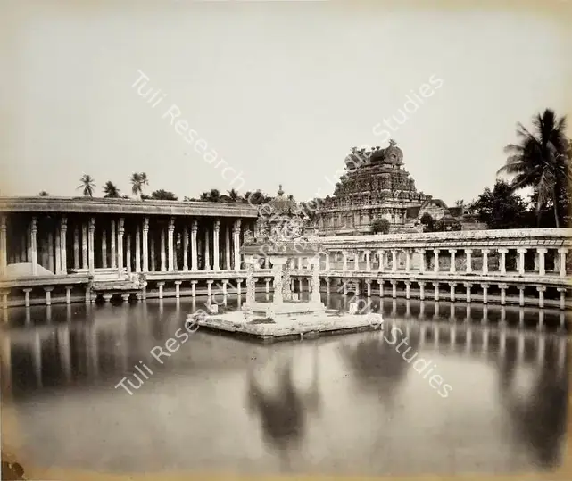 Lyon, Edmund David (Photographer). Jumboogasheram Tank & Pagoda, Trichinopoly. Albumen print pasted on mount, n.d. | Antiquarian Photograph | Photography | 00115702